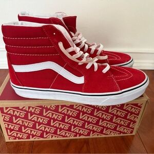 Vans Red and White Old Skool SK8 Trainer Hi Top sneaker.